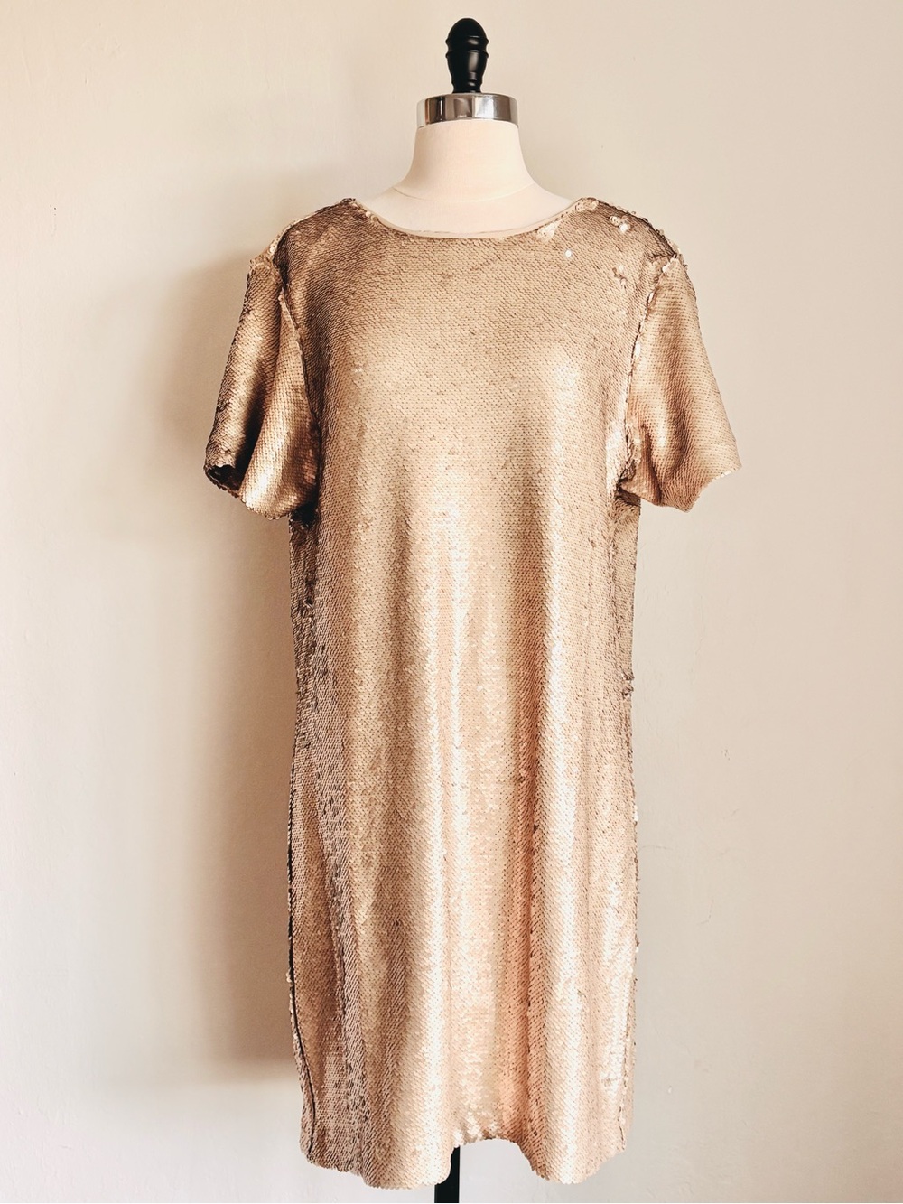 Kenneth Cole Sequin Shift Mini Dress Short Sleeve Bronze, Sz Large NWT